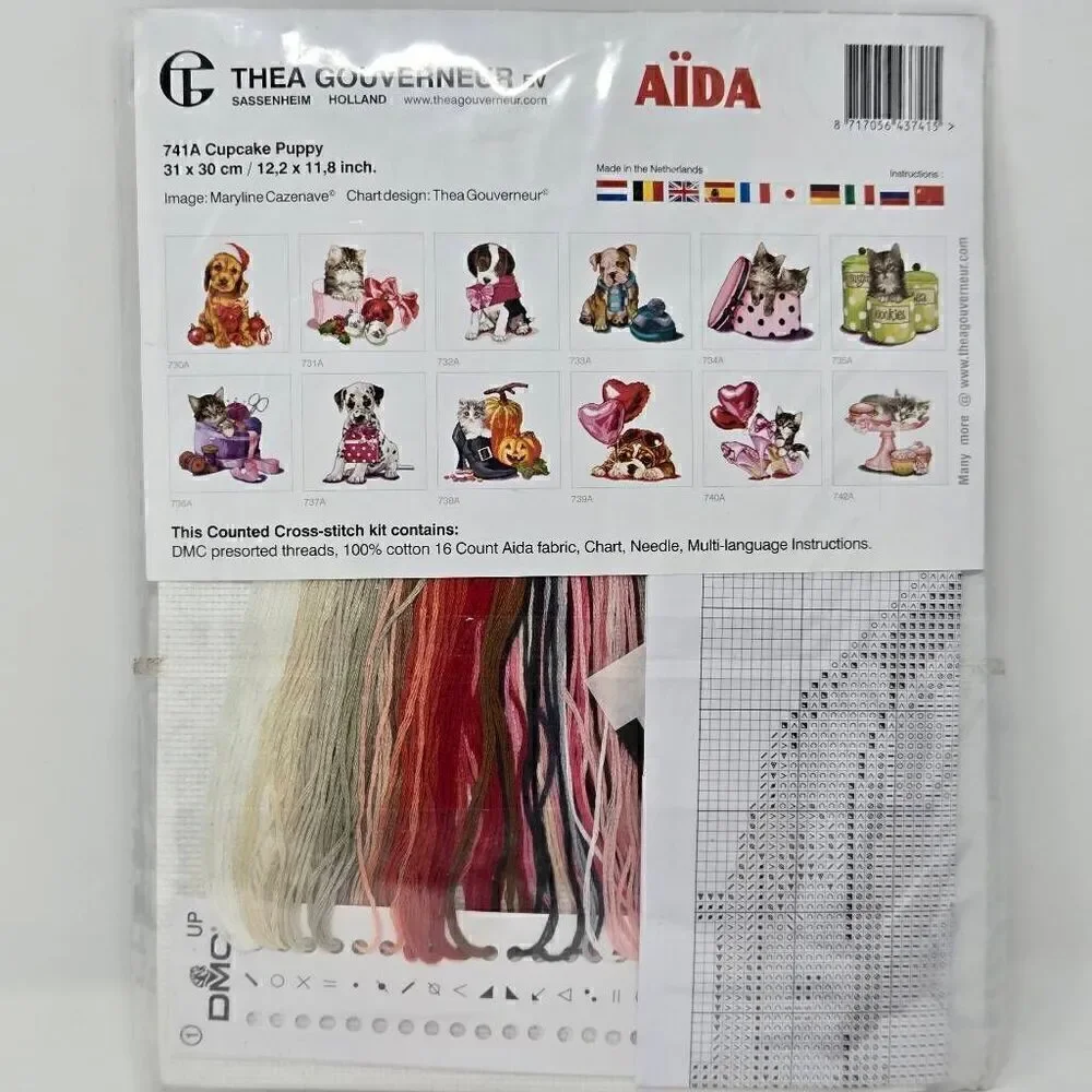 THEA GOUVERNEUR BV CROSS STITCH KIT 741A CUPCAKE PUPPY DOG 12.2